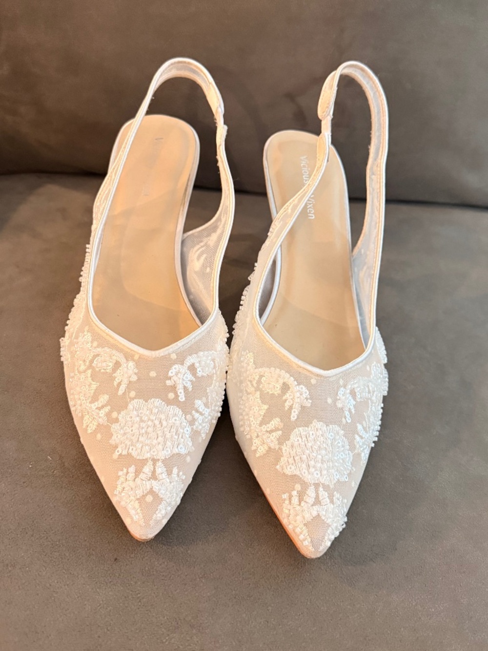 White embroidered kitten heels